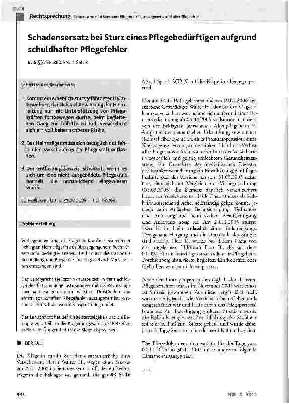 Vorschauseite 1: Schadensersatz bei Sturz eines Pflegebedürftigen aufgrund schuldhafter Pflegefehler