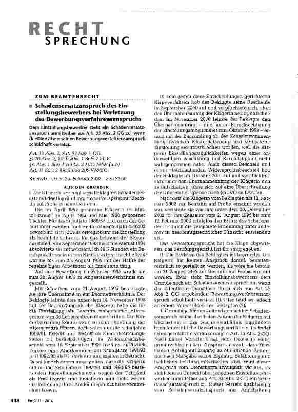 Vorschauseite 1: Schadensersatzanspruch des Einstellungsbewerbers bei Verletzung des Bewerbungsverfahrensanspruchs