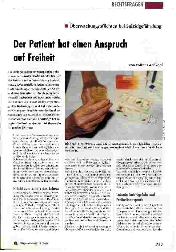 Vorschauseite 1: Der Patient hat einen Ansruch auf Freiheit Überwachungspflichten bei Suizidgefährdung