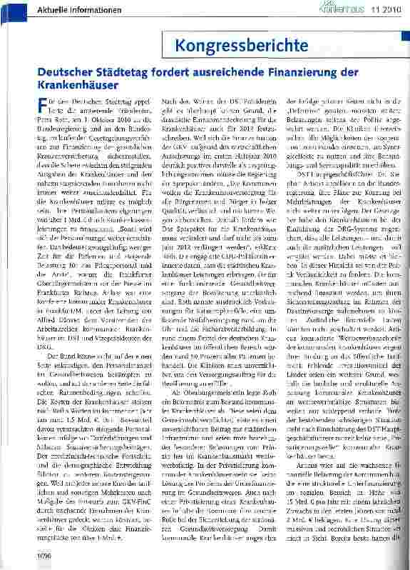 Vorschauseite 1: Deutscher Städtetag fordert ausreichende Finanzierung der Krankenhäuser