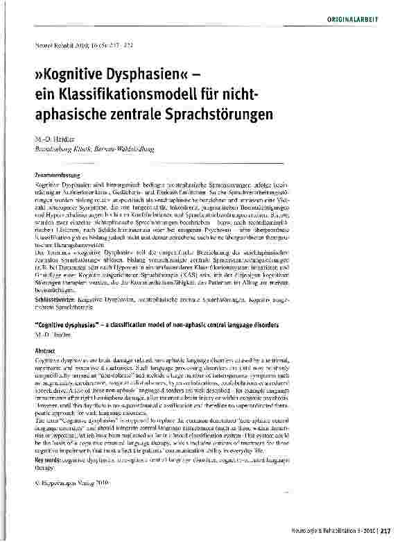 Vorschauseite 1: »Kognitive Dysphasien« -ein Klassifikationsmodell für nicht-aphasische zentrale Sprachstörungen