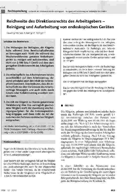 Vorschauseite 1: Reichweite des Direktionsrechts des Arbeitsgebers -Reinigung und Aufarbeitung von endoskopischen GerätenGewO§106Satzl;BAT§22; BGB §611