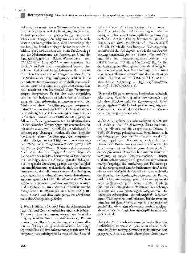 Vorschauseite 4: Reichweite des Direktionsrechts des Arbeitsgebers -Reinigung und Aufarbeitung von endoskopischen GerätenGewO§106Satzl;BAT§22; BGB §611