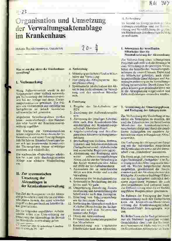 Vorschauseite 1: Organisation und Umsetzung der Verwaltungsaktenablage im Krankenhaus