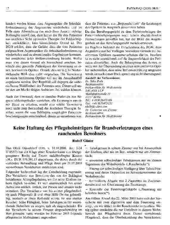 Vorschauseite 1: Keine Haftung des Pflegeheimträgers für Brandverletzungen eines rauchenden Bewohners