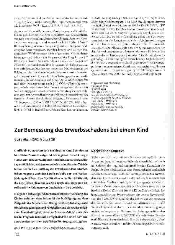 Vorschauseite 1: Zur Bemessung des Erwerbsschadens bei einem Kind§287 Abs. ! ZPO, §252 BGB