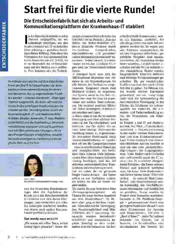 Vorschauseite 1: Start frei für die vierte Runde! Die Entscheiderfabrik hat sich als Arbeitsund Kommunikationsplattform der Krankenhaus-IT etabliert