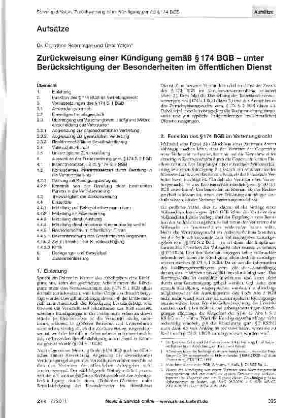Vorschauseite 1: Zurückweisung einer Kündigung gemäß §174 BGB - unter Berücksichtigung der Besonderheiten im öffentlichen Dienst