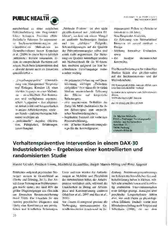 Vorschauseite 1: Verhaltenspräventive Intervention in einem DAX-30 Industriebetrieb - Ergebnisse einer kontrollierten und randomisierten Studie