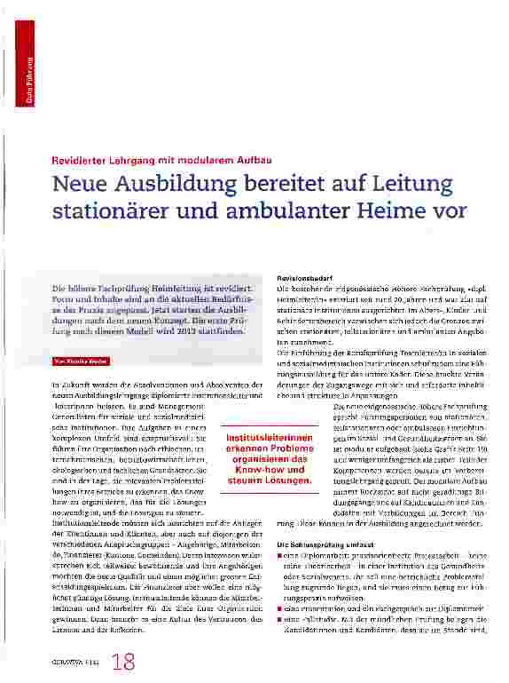 Vorschauseite 1: Neue Ausbildung bereitet auf Leitung stationärer und ambulanter Heime vor