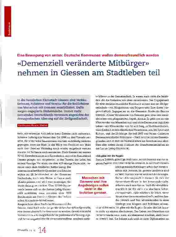Vorschauseite 1: «Demenziell veränderte Mitbürger» nehmen in Giessen am Stadtleben teil