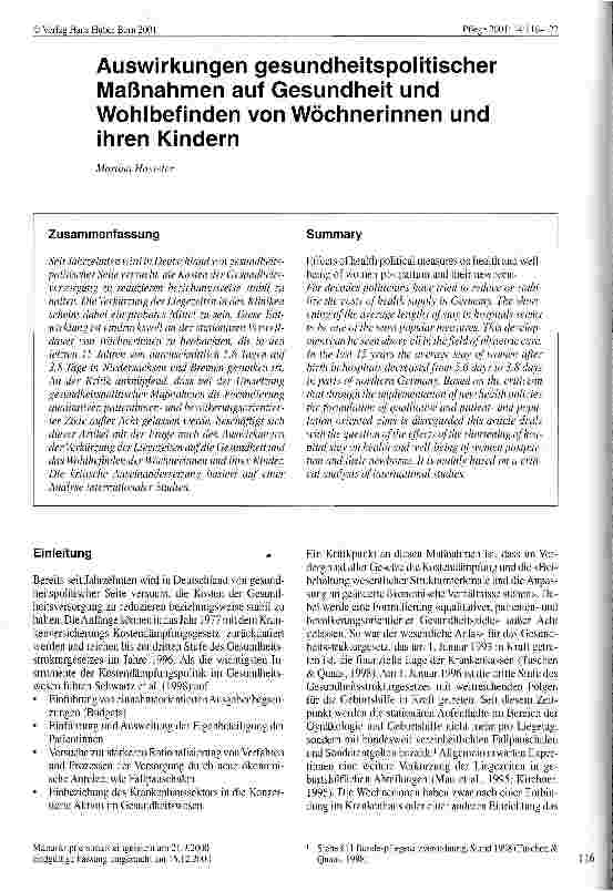 Vorschauseite 1: Auswirkungen gesundheitspolitischer Maßnahmen auf Gesudheit und Wohlbefinden von Wöchnerinnen und ihren Kindern