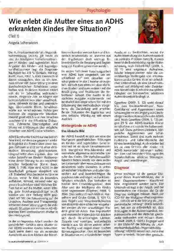 Vorschauseite 1: Wie erlebt die Mutter eines an ADHS erkrankten Kindes ihre Situation? (Teil I)