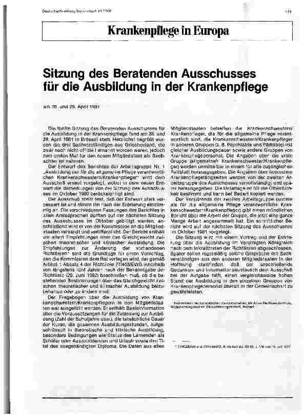 Vorschauseite 1: Sitzung des Beratenden Ausschusses für die Ausbildung in der Krankenpflege