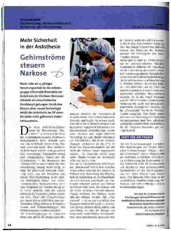 Vorschauseite 1: Gehirnströme steuern Narkose