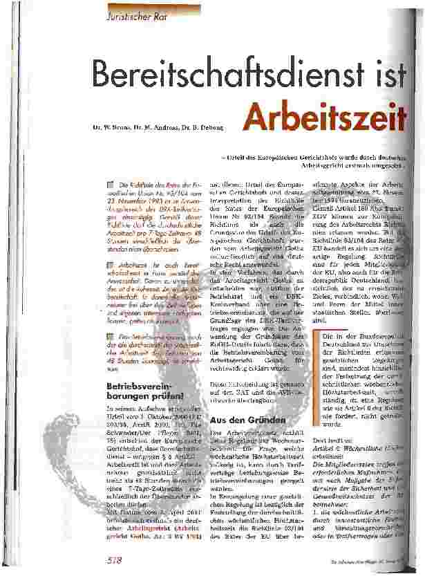 Vorschauseite 1: Bereitschaftsdienst ist Arbeitszeit