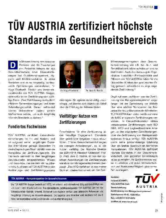 Vorschauseite 1: TÜV AUSTRIA zertifiziert höchste Standards im Gesundheitsbereich