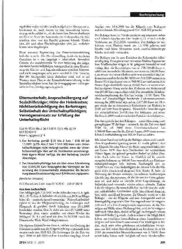 Vorschauseite 1: Elternunterhalt; Anspruchsübergang auf Sozialhilfeträger; Höhe der Heimkosten; Nichtberücksichtigung des Barbetrages; Selbstbehalt des Unterhaltspflichtigen; Vermögenseinsatz zur…