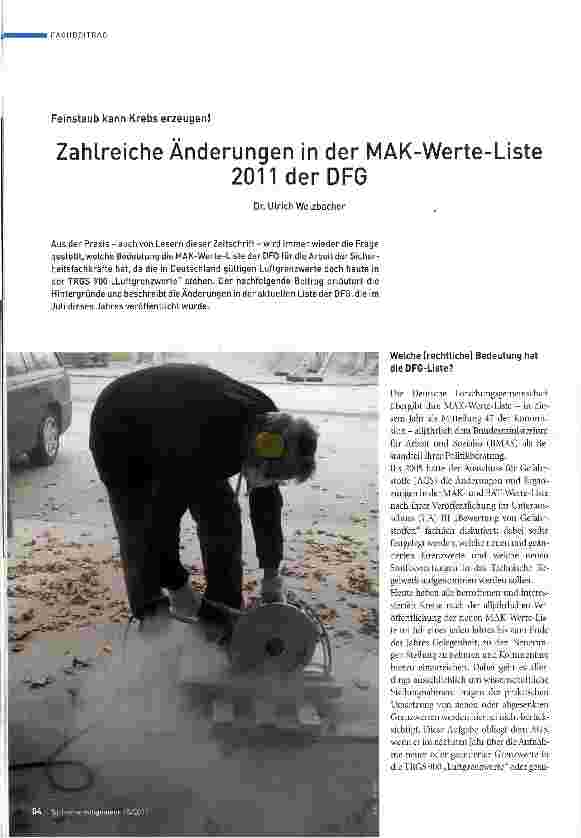 Vorschauseite 1: Zahlreiche Änderungen in der MAK-Werte-Liste 2011 der DFG