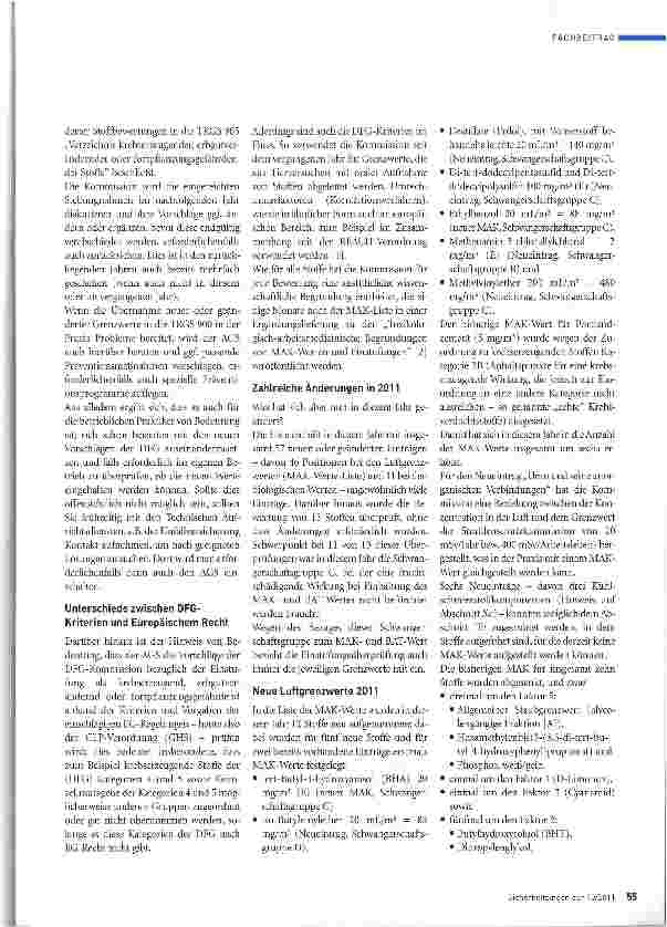 Vorschauseite 2: Zahlreiche Änderungen in der MAK-Werte-Liste 2011 der DFG