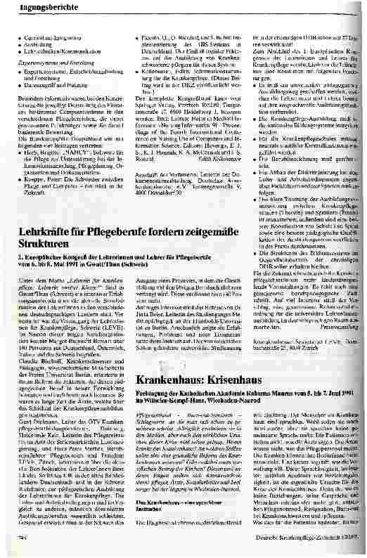 Vorschauseite 2: Einsatz von Computern und Computerwissenschaften in der Krankenpflege 4. Internationales Symposium vom 15. -17. 4. 1991 in Melbourne