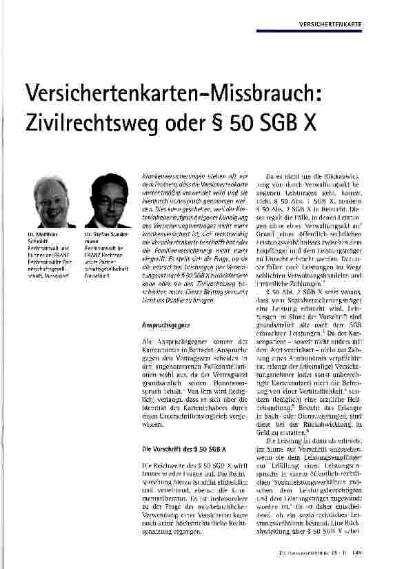 Vorschauseite 1: Versichertenkarten-Missbrauch: Zivilrechtsweg oder § 50 SGB X