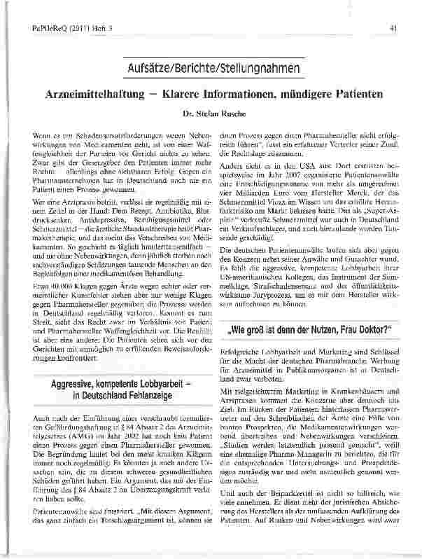 Vorschauseite 1: Arzneimittelhaftung — Klarere Informationen, mündigere Patienten