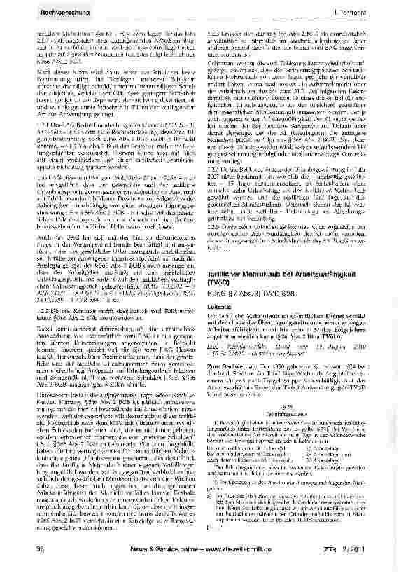 Vorschauseite 1: Tariflicher Mehrurlaub bei Arbeitsunfähigkeit (TVöD)BUrIG § 7 Abs. 3; TVöD § 26