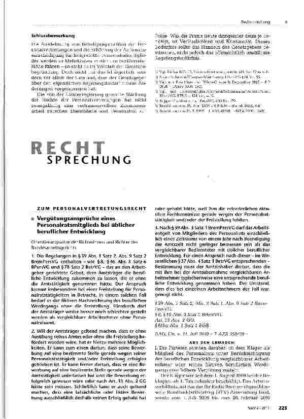 Vorschauseite 1: Vergütungsansprüche einesPersonalratsmitglieds bei üblicher beruflicher Entwicklung
