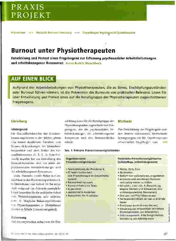 Vorschauseite 1: Burnout unter Physiotherapeuten