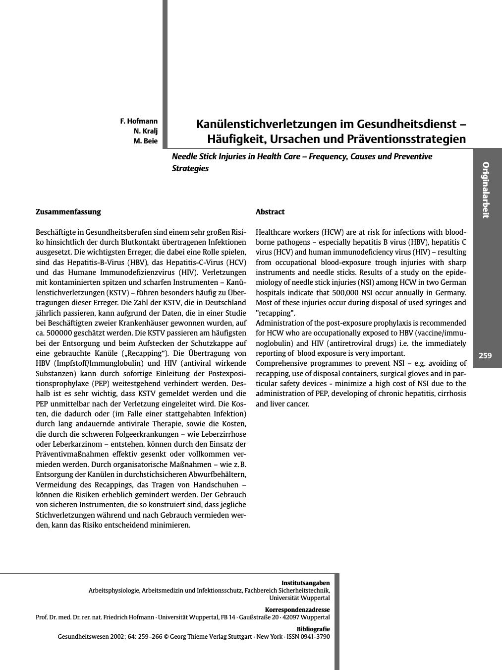 Vorschauseite 1: Kanülenstichverletzungen im Gesundheitsdienst - Häufigkeit, Ursachen und Präventionsstrategien