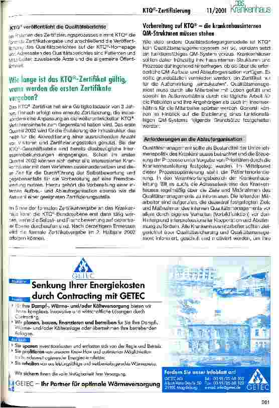 Vorschauseite 6: Krankenhausspezifisches Zertifizierungsverfahren KTQ startet 2002 Teil 1