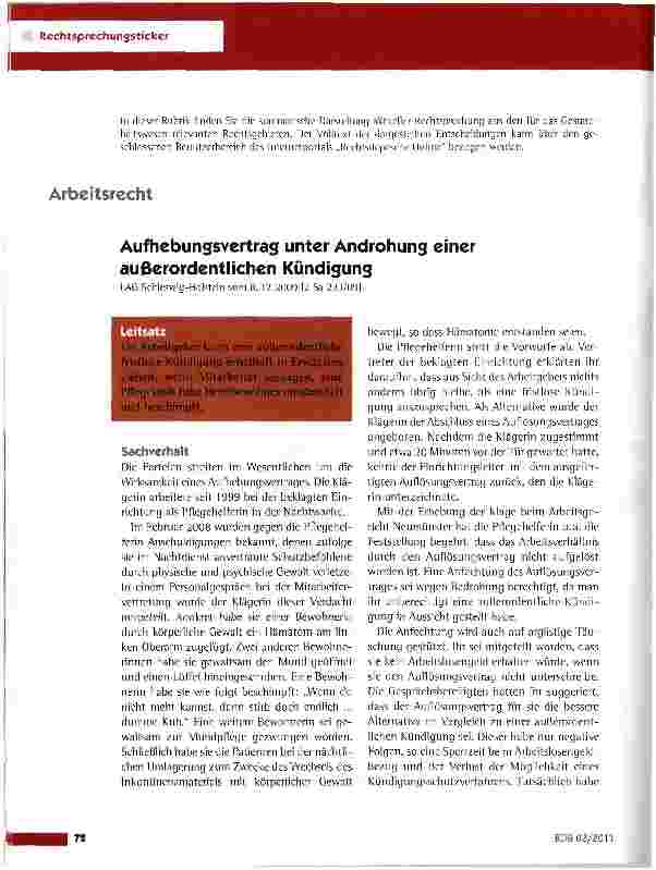 Vorschauseite 1: Aufhebungsvertrag unter Androhung einer außerordentlichen KündigungLAG Schleswig-Holstein vom 8.12.2009 (2 Sa 223/09)