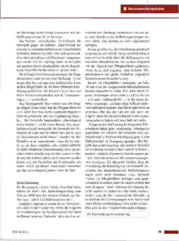 Vorschauseite 2: Aufhebungsvertrag unter Androhung einer außerordentlichen KündigungLAG Schleswig-Holstein vom 8.12.2009 (2 Sa 223/09)