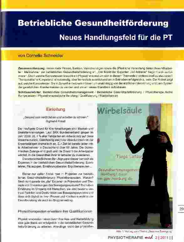 Vorschauseite 1: Betriebliche Gesundheitförderung Neues Handlungsfeld für die PT