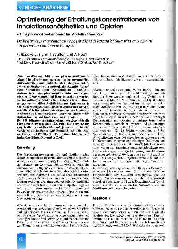 Vorschauseite 1: Optimierung der Erhaltungskonzentrationen von Inhalationsanästhetika und Opiaten Eine pharmako-ökonomische Modellrechnung