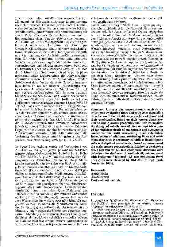 Vorschauseite 6: Optimierung der Erhaltungskonzentrationen von Inhalationsanästhetika und Opiaten Eine pharmako-ökonomische Modellrechnung