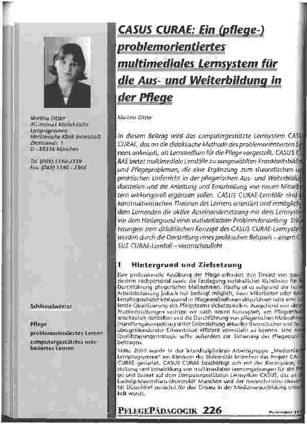 Vorschauseite 1: CASUS CURAE: Ein (pflege-)problemorientiertes multimediales Lernsystem für die Ausbildung