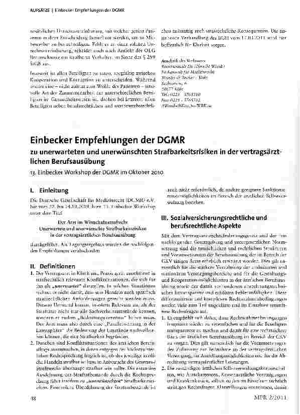 Vorschauseite 1: Einbecker Empfehlungen der DGMR zu unerwarteten und unerwünschten Strafbarkeitsrisiken in der vertragsärztlichen Berufsausübung