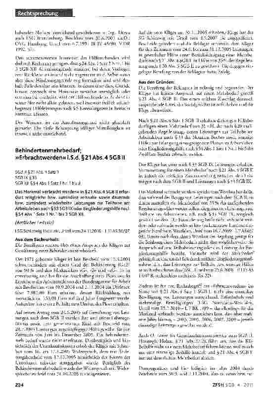 Vorschauseite 1: Behindertenmehrbedarf; »Erbrachtwerden« i.S.d. §21 Abs.4 SGB II
