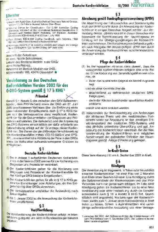 Vorschauseite 1: Vereinbarung zu den Deutschen Kodierrichtlinien Version 2002 für das G-DRG-System gemäß § 17 b KHG