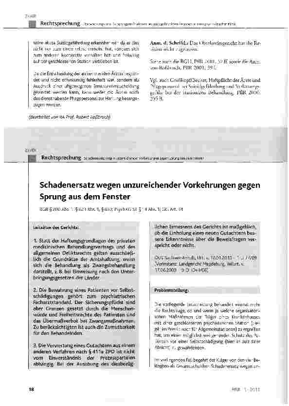 Vorschauseite 1: Schadenersatz wegen unzureichender Vorkehrungen gegen Sprung aus dem FensterBGB § 280 Abs. 1, §823 Abs. 1, § 839; PsychKG ST § 14 Abs. 1; GG Art. 34