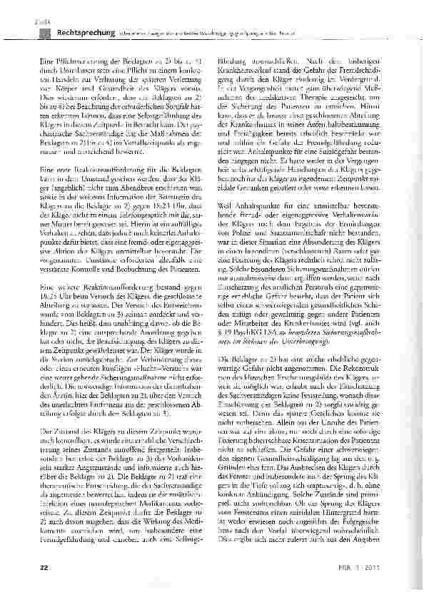 Vorschauseite 5: Schadenersatz wegen unzureichender Vorkehrungen gegen Sprung aus dem FensterBGB § 280 Abs. 1, §823 Abs. 1, § 839; PsychKG ST § 14 Abs. 1; GG Art. 34