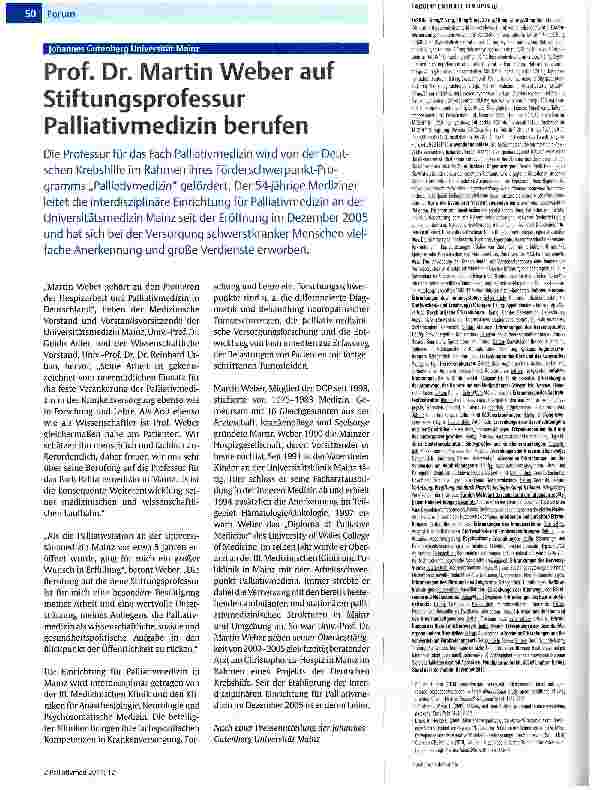 Vorschauseite 1: Prof. Dr. Martin Weber auf Stiftungsprofessur Palliativmedizin berufen