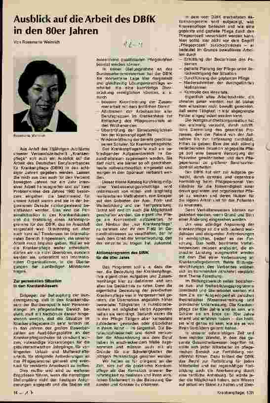 Vorschauseite 1: Ausblick auf die Arbeit des DBfK in den 80er Jahren