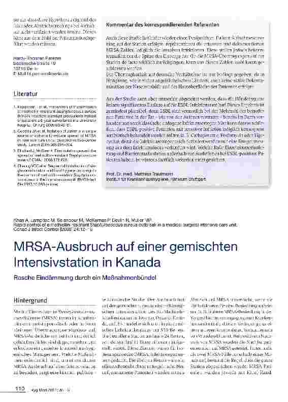 Vorschauseite 1: MRSA-Ausbruch auf einer gemischten Intensivstation in Kanada