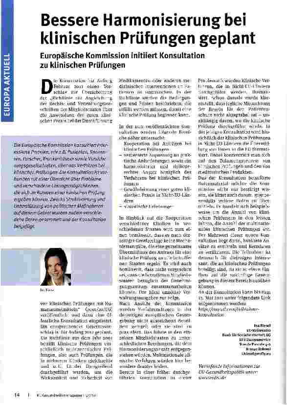 Vorschauseite 1: Bessere Harmonisierung bei klinischen Prüfungen geplant