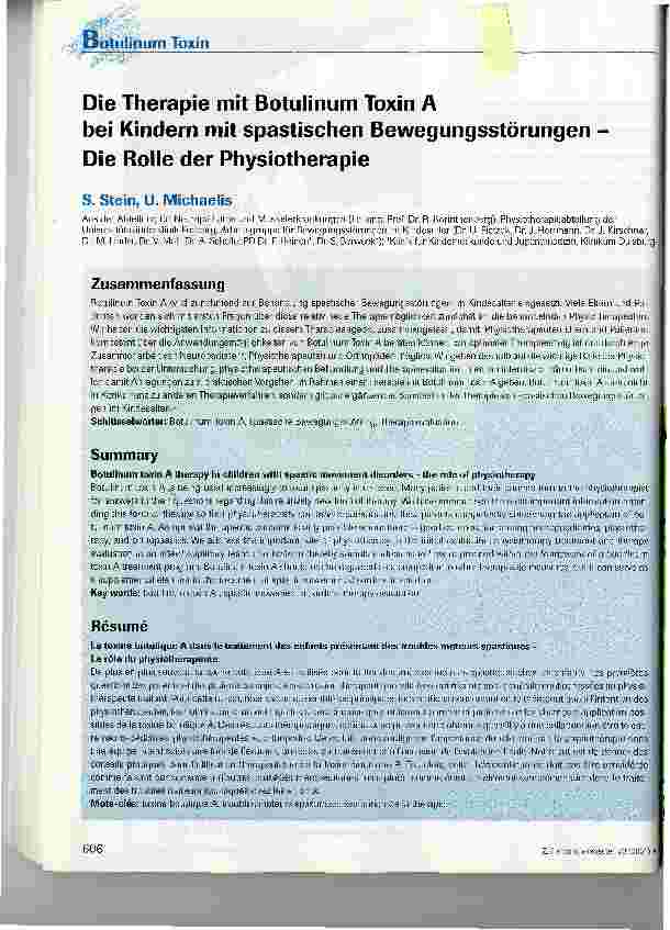 Vorschauseite 1: Die Therapie mit Botulinum Toxin Abei Kindern mit spastischen Bewegungsstörungen -Die Rolle der Physiotherapie