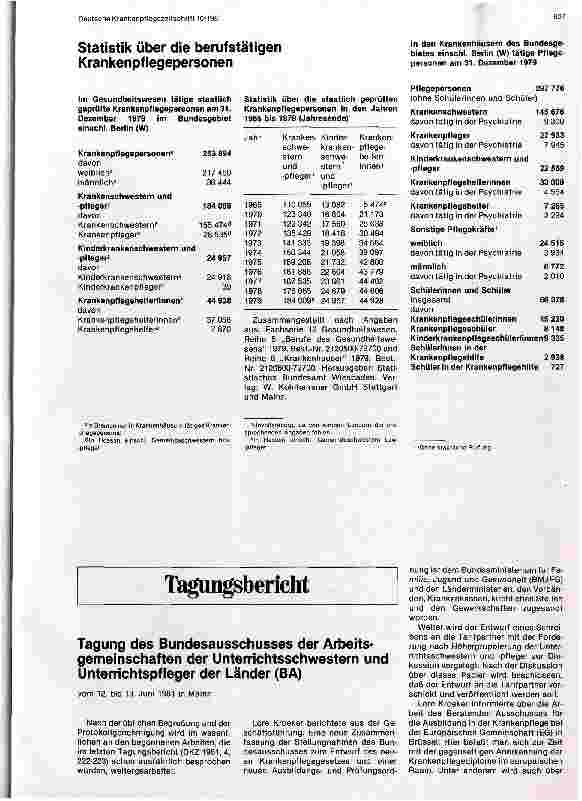 Vorschauseite 1: Statistik über die beruftätigen Krankenpflegepersonen