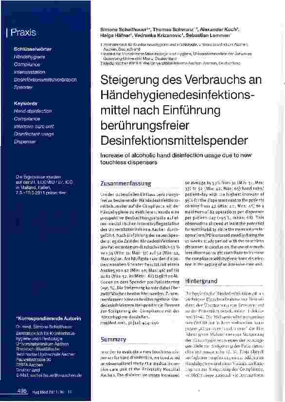 Vorschauseite 1: Steigerung des Verbrauchs an Händehygienedesinfektions-mittel nach Einführung berührungsfreier Desinfektionsmittelspender